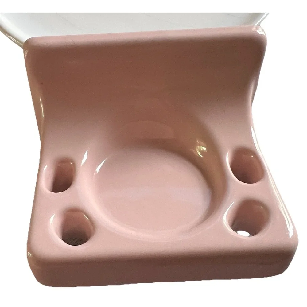 Vtg MCM Tile-In Porcelain Sink Toothbrush & Cup Holder Made In Japan Pink Blush